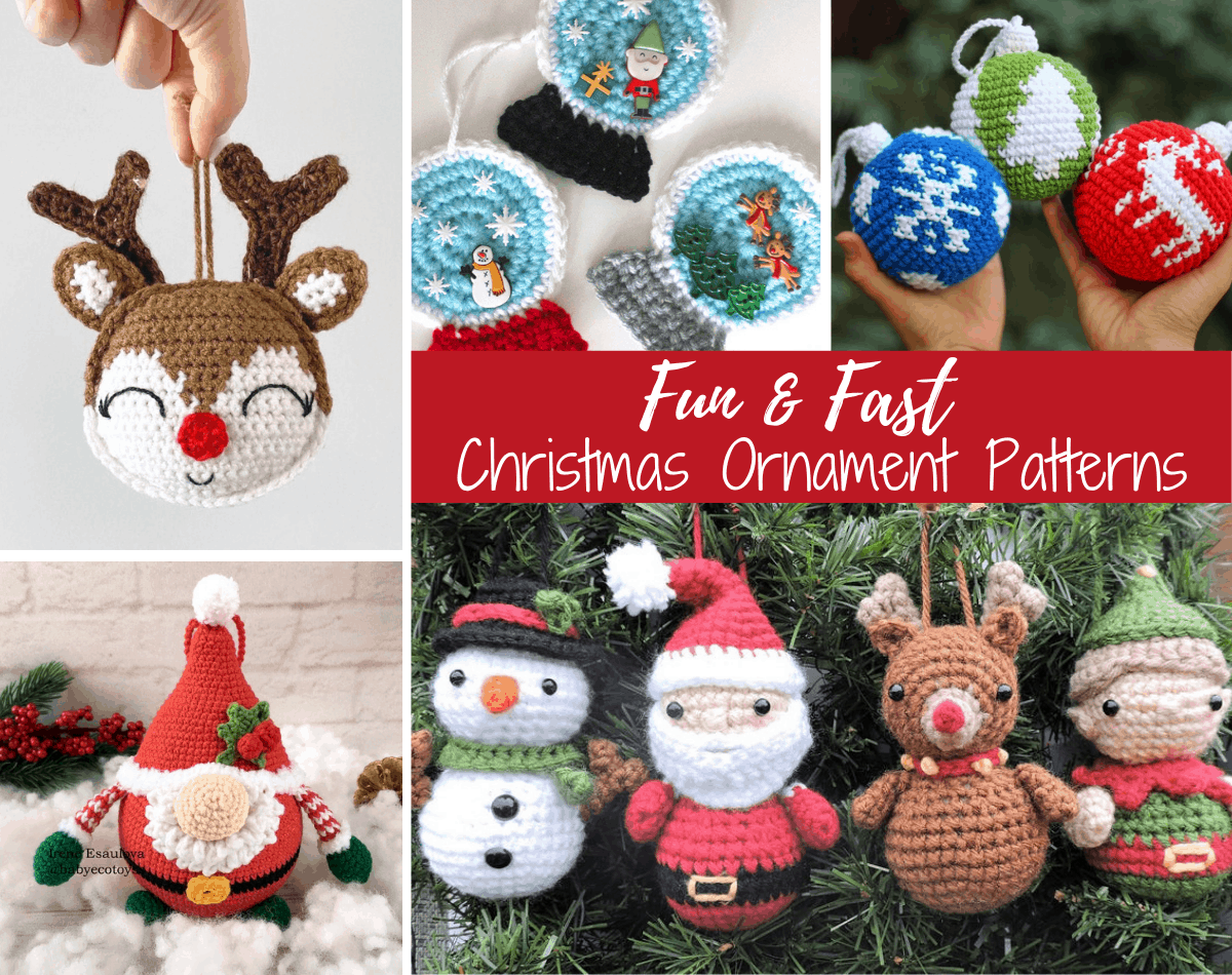 Plusieurs ornements de Noël au crochet, y compris un renne, des boules à neige, des couleurs unies avec un flocon de neige à silhouette blanche, un cerf, un arbre,