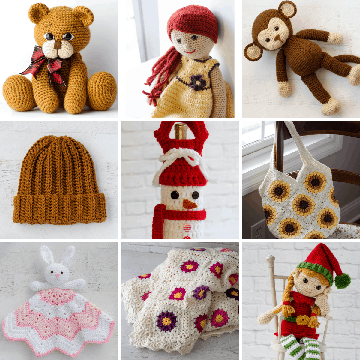 Collage of 9 crochet items: a brown crochet bear, a doll with orange hair, a monkey, a rust color hat, a snowman wine cozy, a daisy purse, a bunny lovey, a flower afghan and an elf.