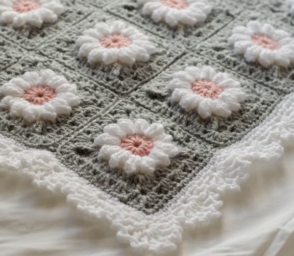Gray crochet afghan with white flowers and white border