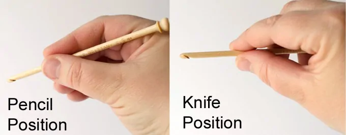 hand holding a crochet hook in the pencil position and a hand holding the crochet hook in the knife position