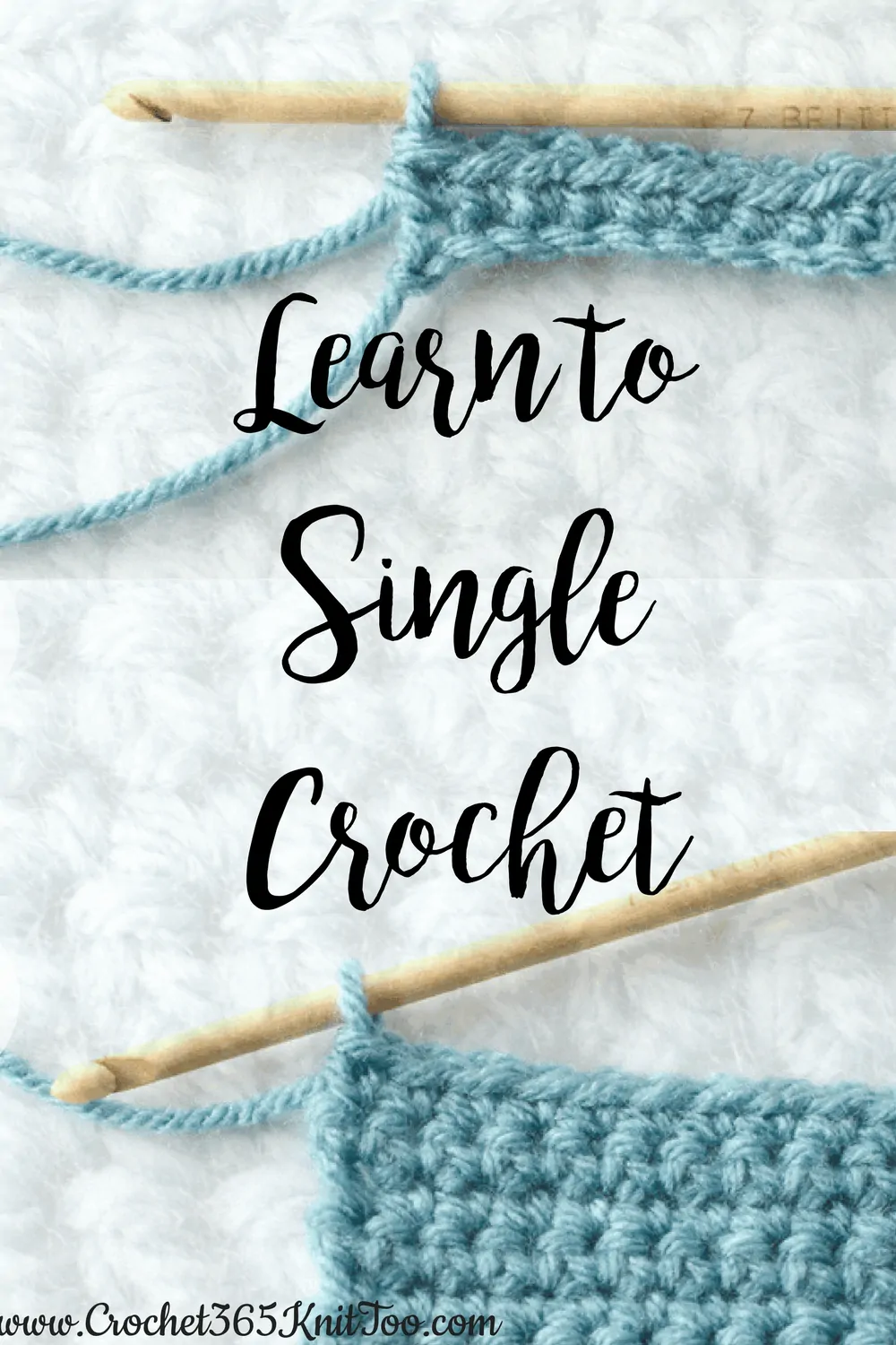 Image of crochet samples in blue yarn and wood hooks