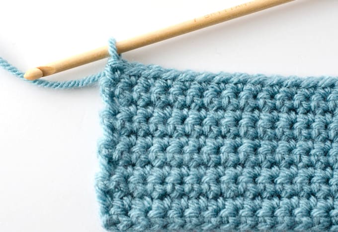 blue single crochet sample with wood hook