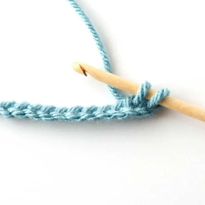 blue single crochet sample with wood hook