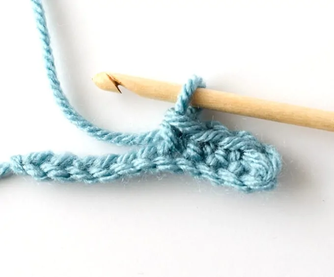 blue single crochet sample with wood hook