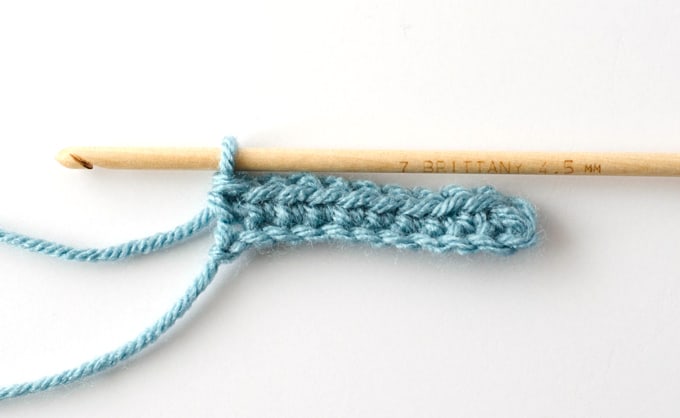 blue single crochet sample with wood hook