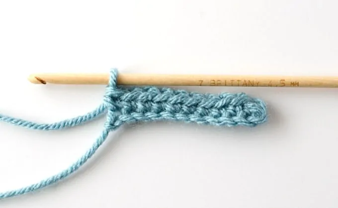 blue single crochet sample with wood hook