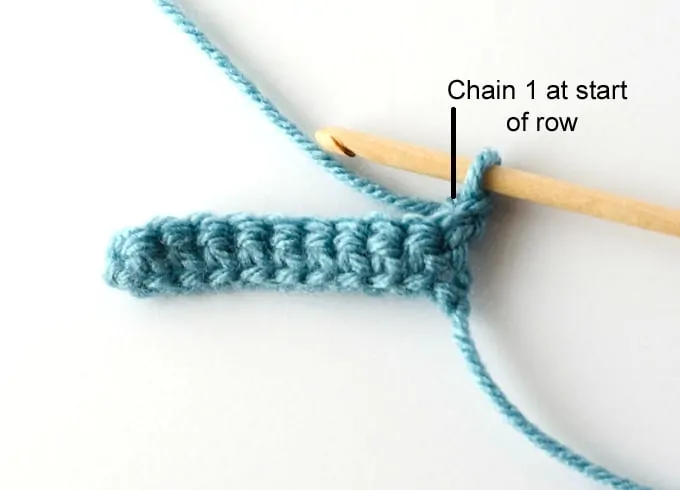 blue single crochet sample with wood hook