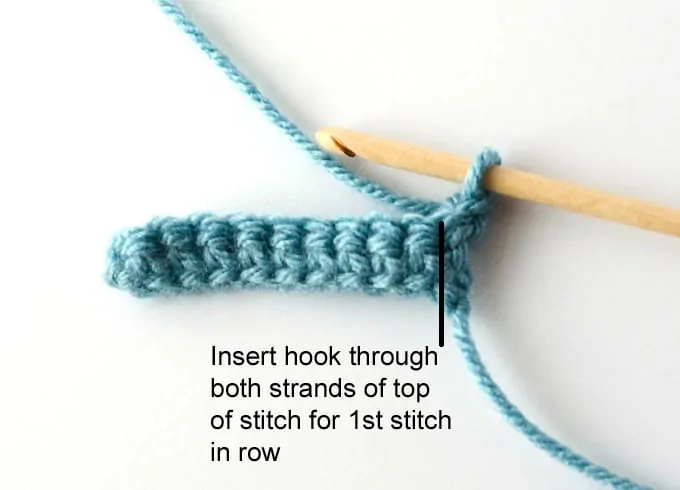 blue single crochet sample with wood hook