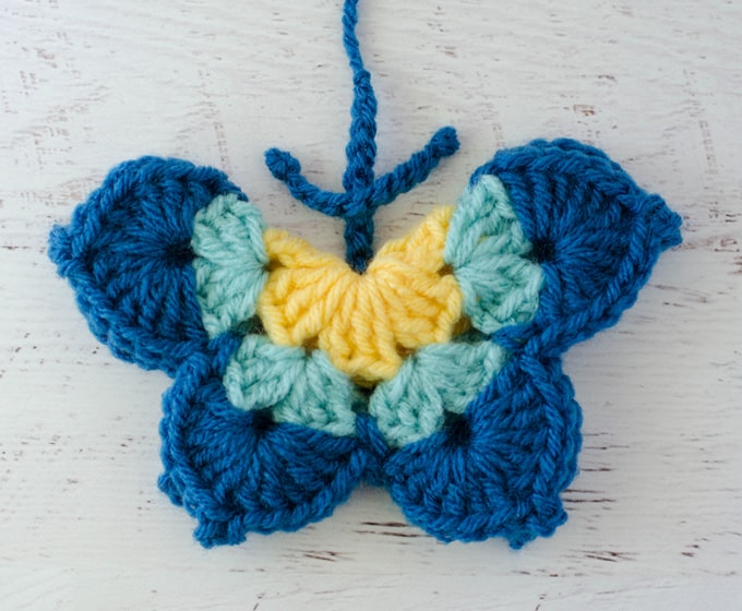 yellow and blue crochet butterfly showing antennae construction
