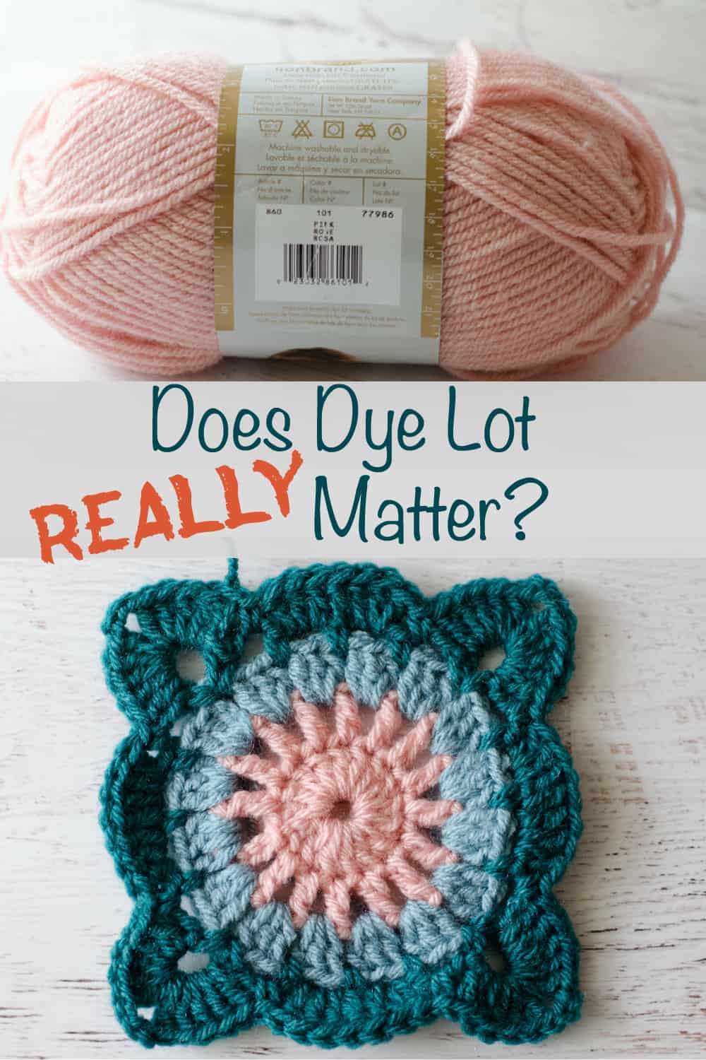 Graphic of crochet motif and pink yarn asking if dye lot matters