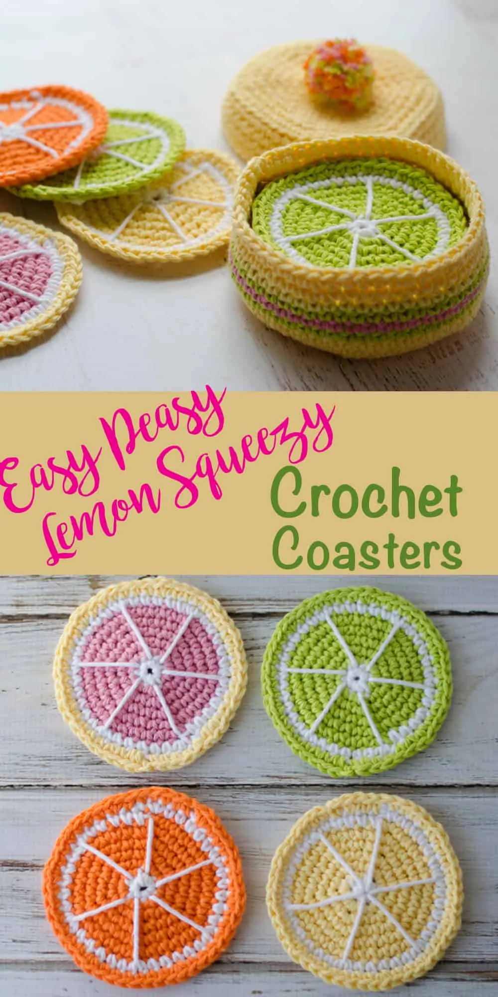 Graphic of various crochet citrus coasters and box