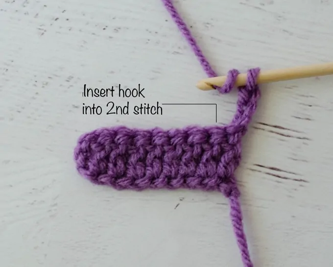 Graphic of Double Crochet Steps with purple yarn and wood hook