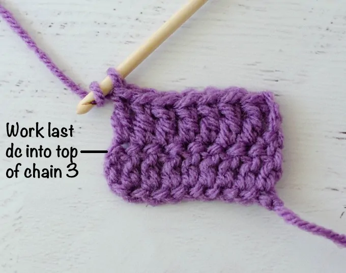 Graphic of Double Crochet Steps with purple yarn and wood hook