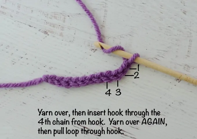 Graphic of Double Crochet Steps with purple yarn and wood hook