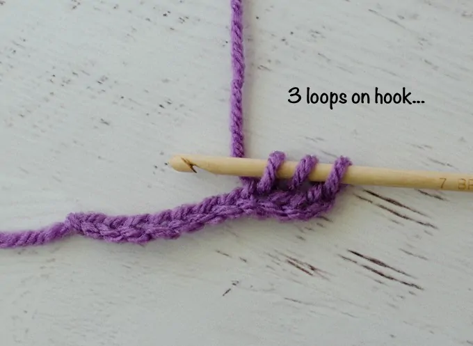 Graphic of Double Crochet Steps with purple yarn and wood hook