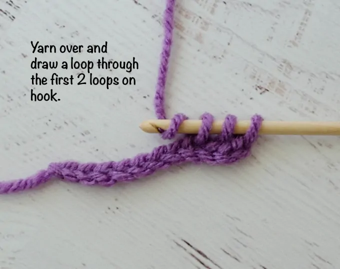 Graphic of Double Crochet Steps with purple yarn and wood hook