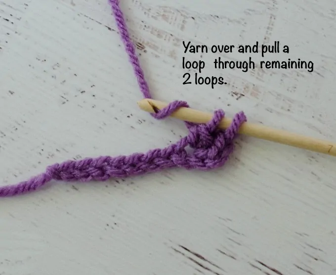 Graphic of Double Crochet Steps with purple yarn and wood hook