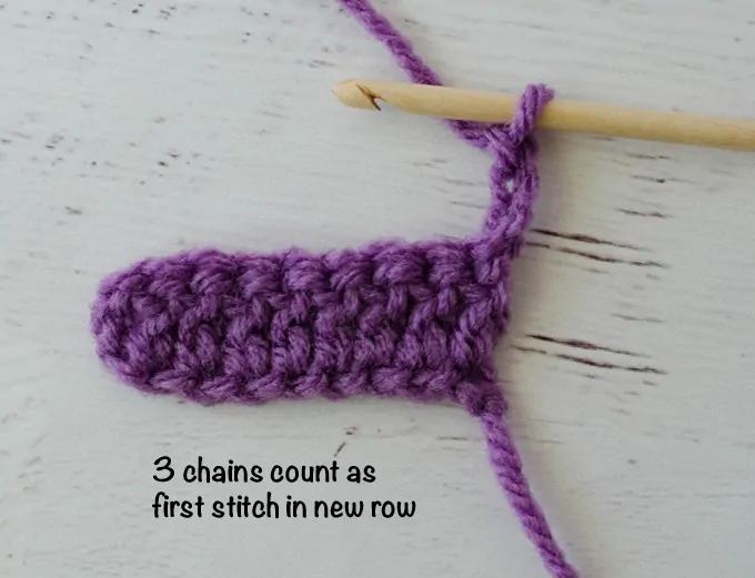 Graphic of Double Crochet Steps with purple yarn and wood hook