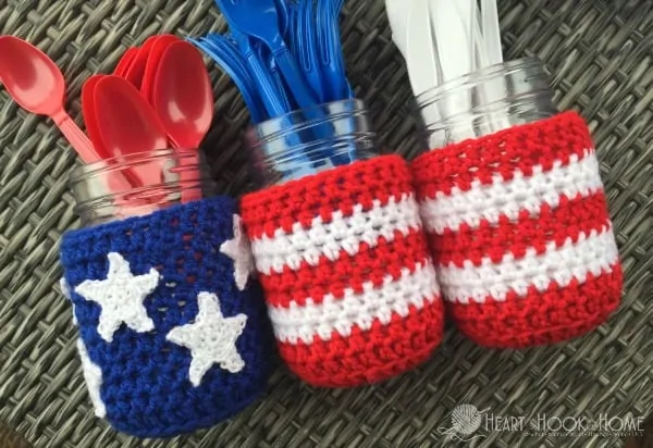 Crochet American Flag Jar holders in Red, White and Blue