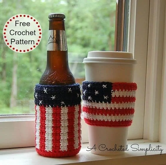 Crochet American Flag Beer Cozy and Cup Cozy in Red, White and Blue