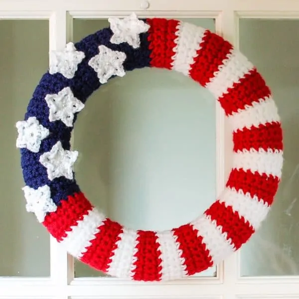 Crochet American Flag Wreath in Red, White and Blue