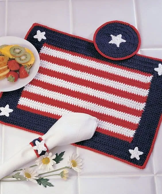 Crochet Americana Placemat and Coaster in Red, White and Blue