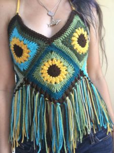 Crochet granny style halter top in blue, yellow and green