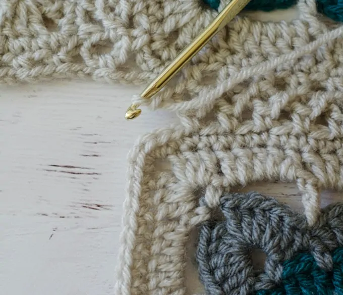 Joining 3 crochet ivory squares with flat braid join