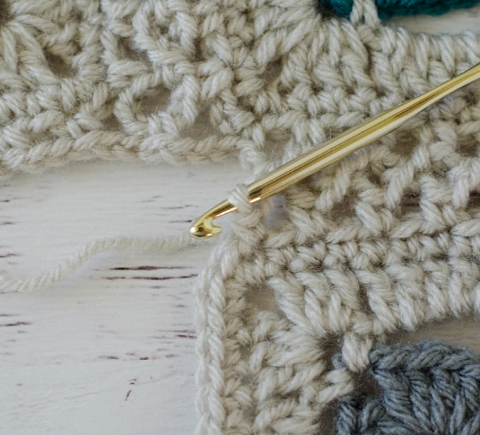 Flat Braid crochet Join with 3 squares ivory yarn and gold hook