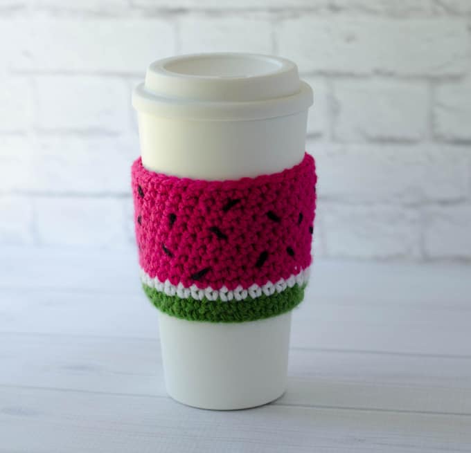 Watermelon Cup cozy on white coffee cup with lid