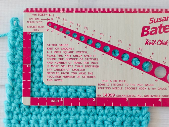 gauge ruler on blue crochet sample