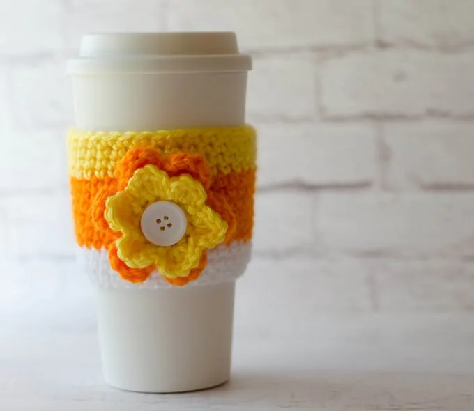 Crochet candy corn cup cozy