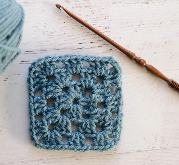 Blue Granny Square with brown hook