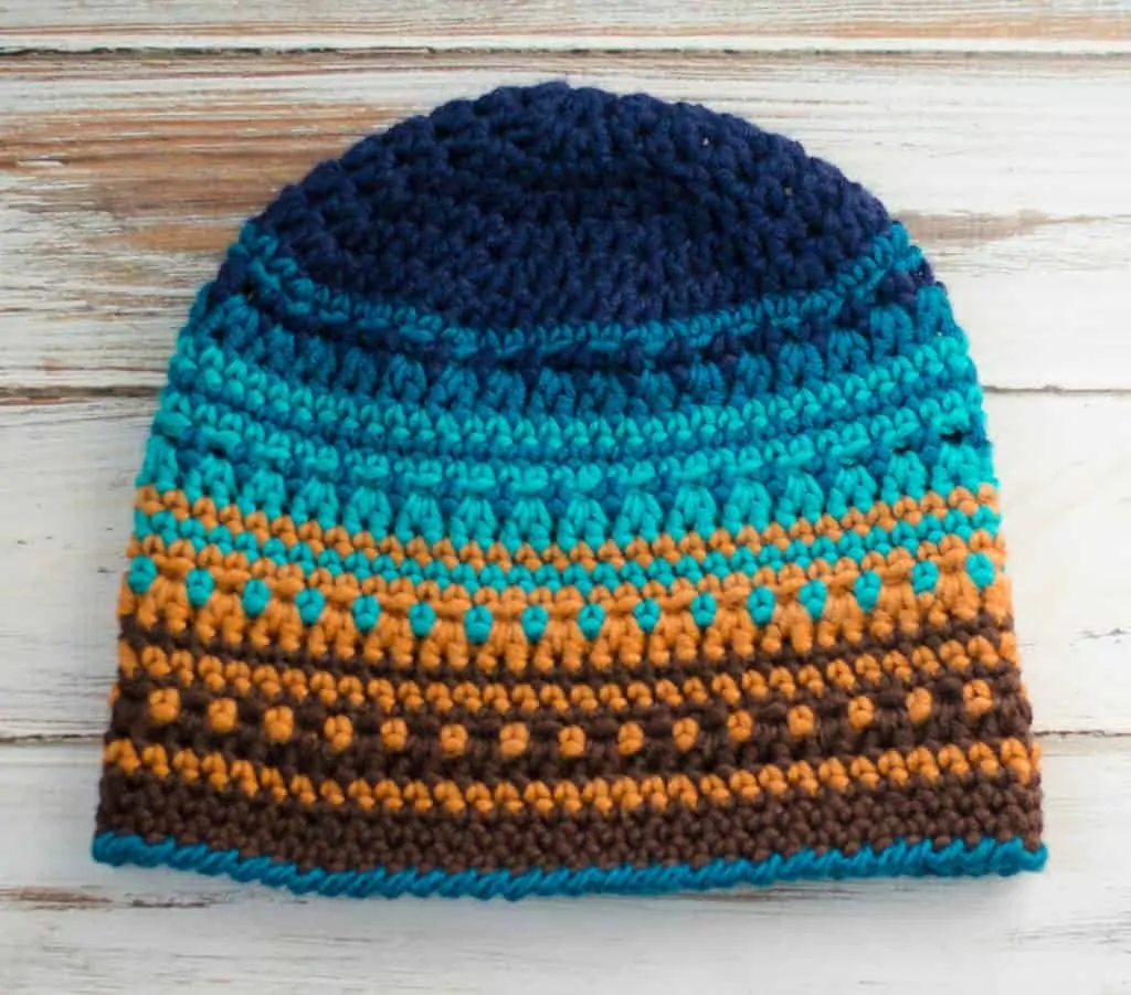 Crochet Big Bay Beanie in Blue and brown yarn