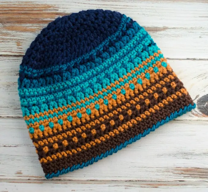 Crochet Big Bay Beanie in Blue and brown yarn