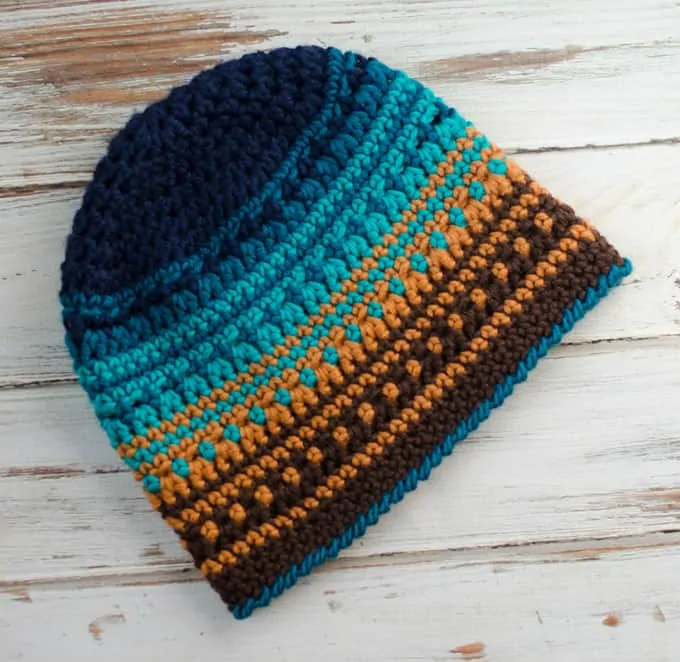 Crochet Big Bay Beanie in Blue and brown yarn