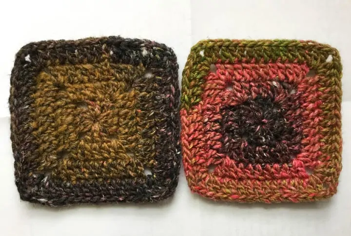 Two crochet solid granny squares.