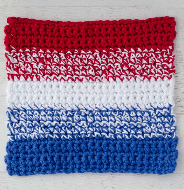 crochet dishcloth in red white and blue