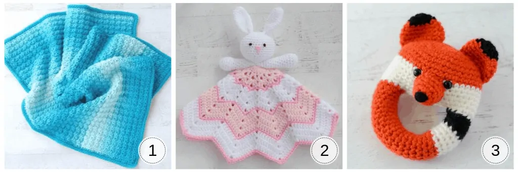 Crochet baby projects: blue blanket, bunny lovey, fox rattle
