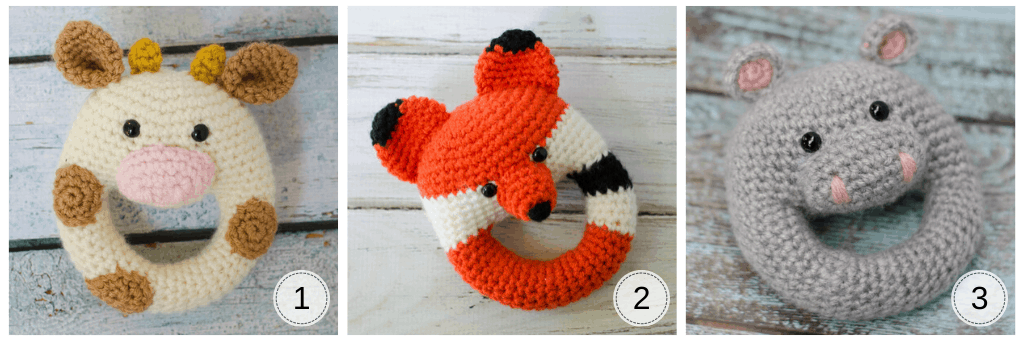 crochet rattles: A cow rattle, a fox rattle and a hippo rattle