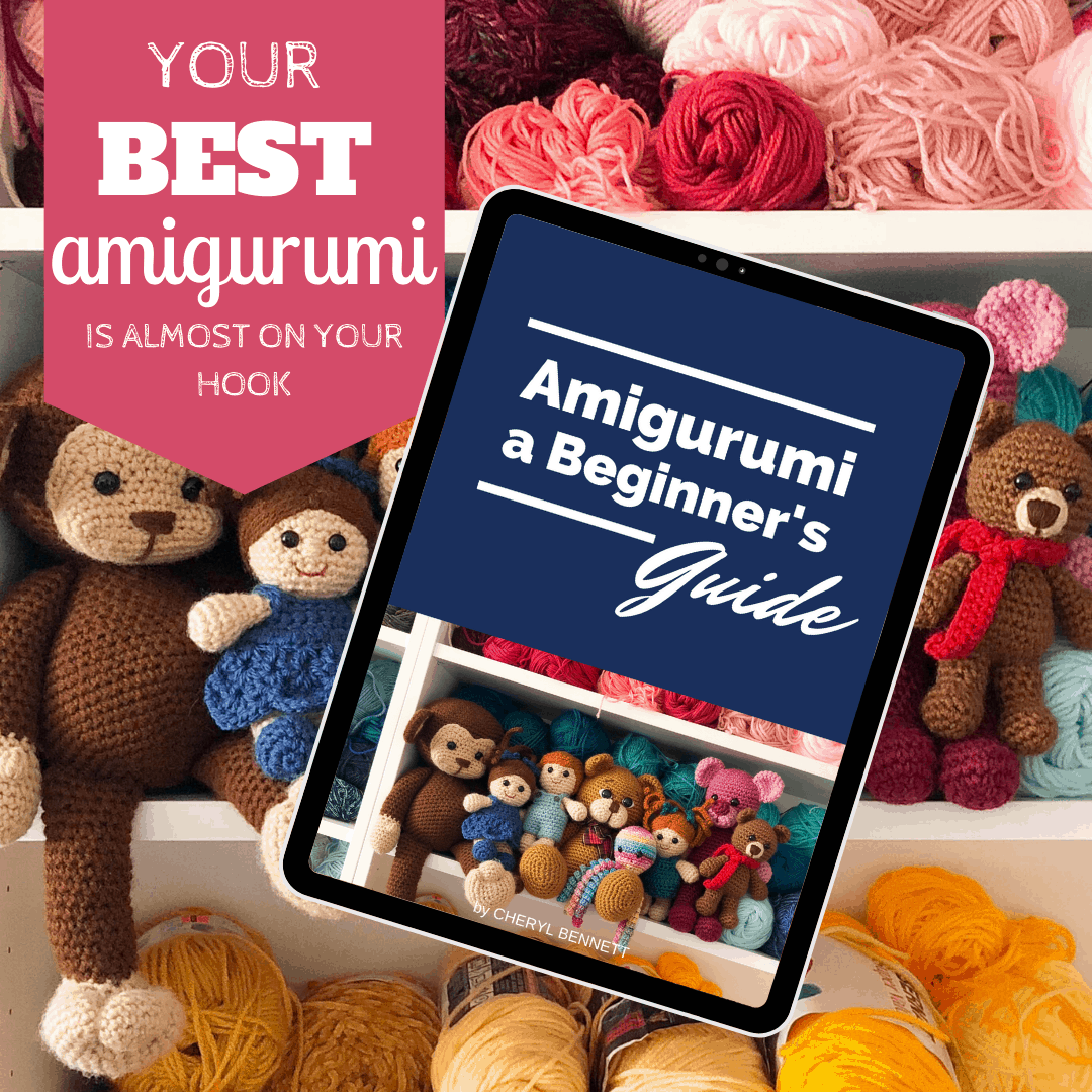 Graphic of Amigurumi ebook in front of shelves of yarn and stuffed toys