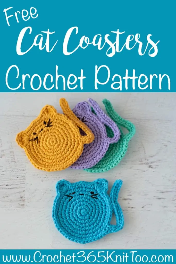 crochet cat coasters with embroidered features
