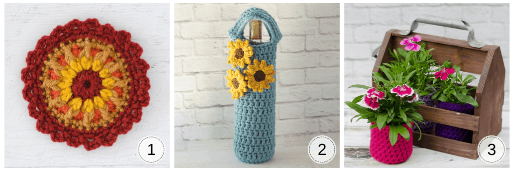 3 photos. A crochet mandala, a sunflower wine cozy and a crochet pot for a flower