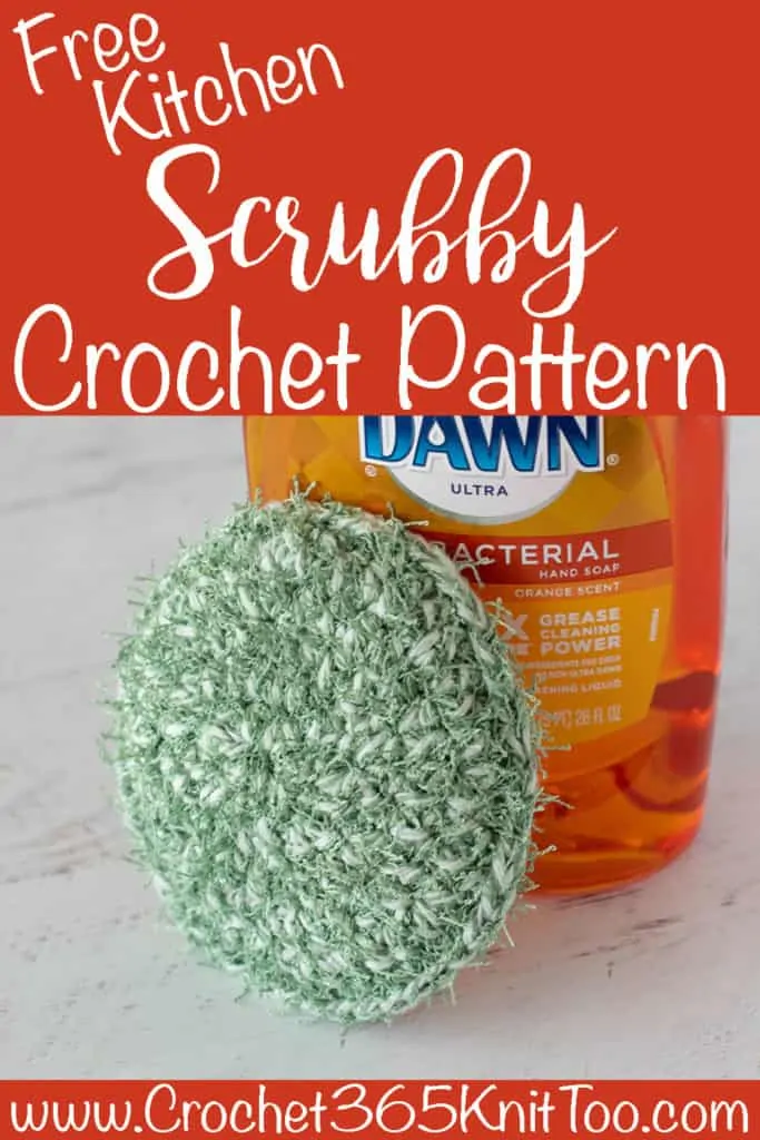 green crochet scrubbie with dish soap