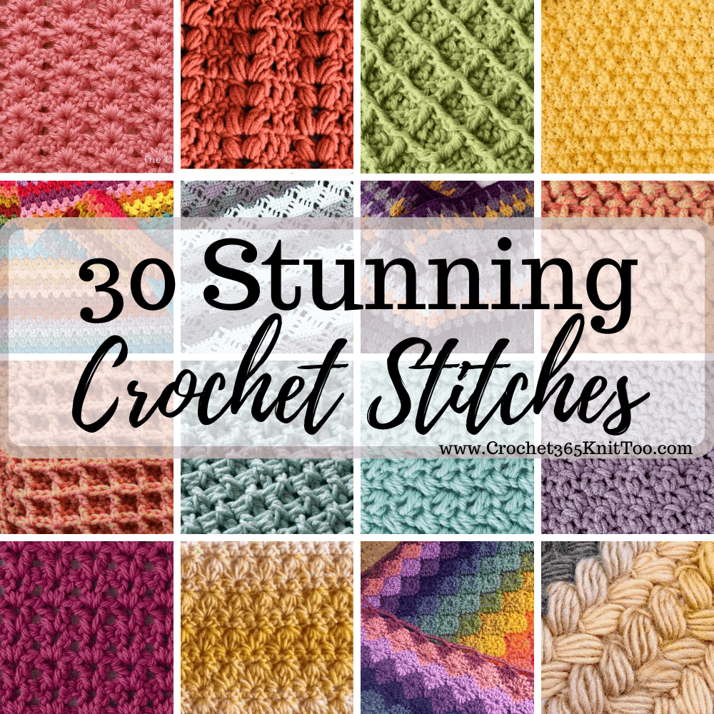 Graphic of crochet stitches in multiple colors