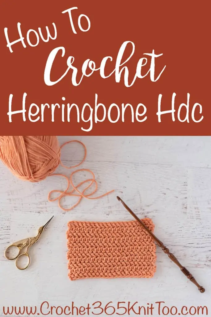 Herringbone hdc swatch with scissors and wooden hook