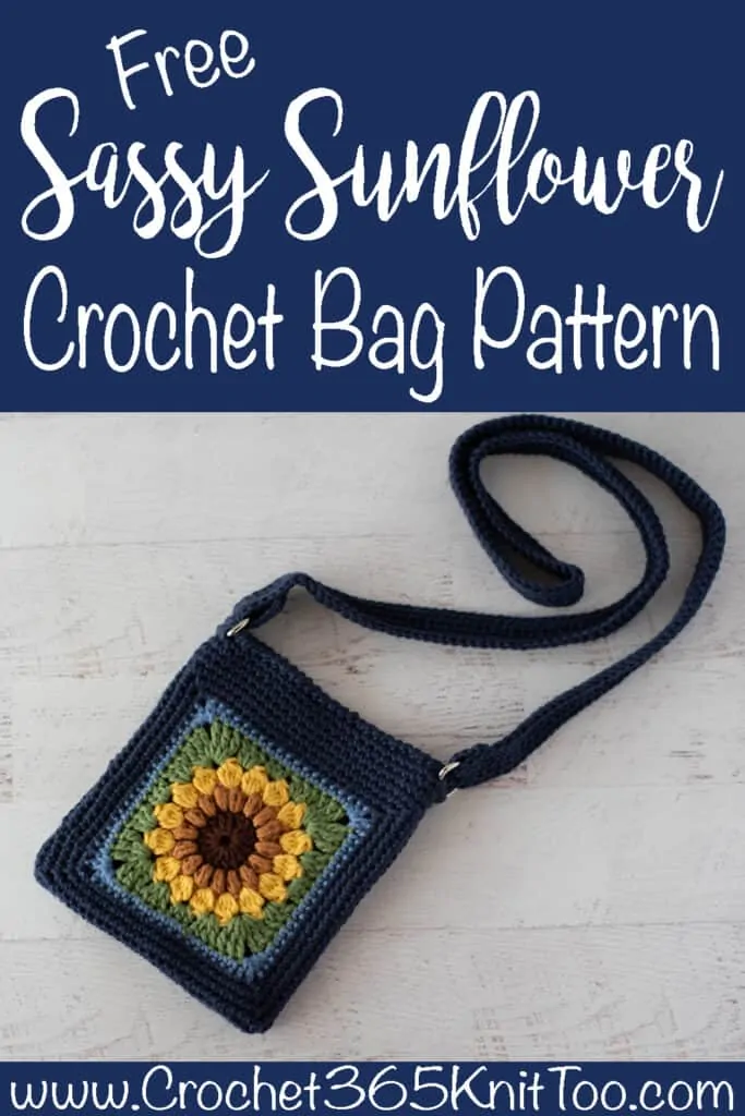 Blue crochet bag with yellow sunflower