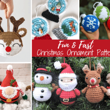 Several crochet Christmas ornaments including a reindeer, snow globes, solid color alls with white silhouette snowflake, deer, tree,