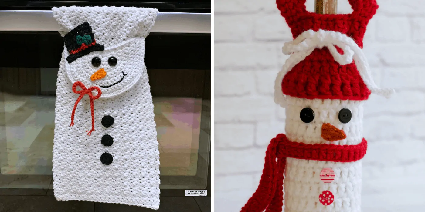 crochet Christmas snowman hand towel and wine bottle holder