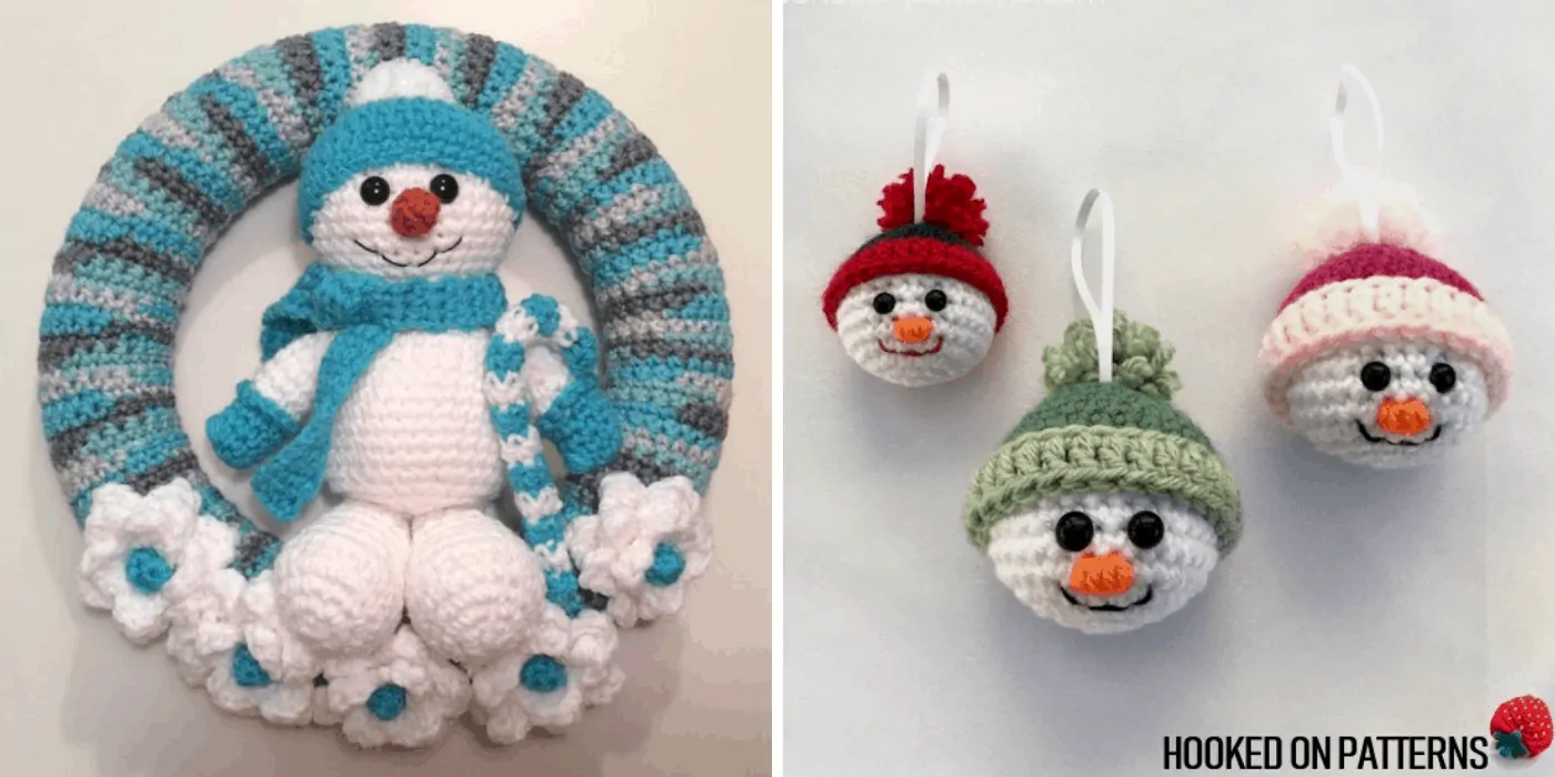 crochet Christmas snowman wreath and ornaments